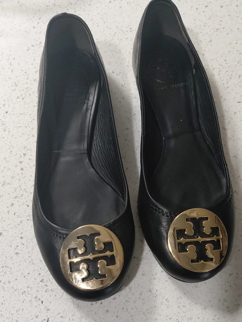 Tory Burch Black Leather Ballet Flats with Gold Logo Medallions